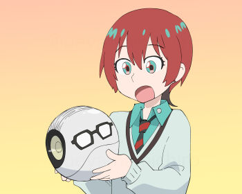 Rule 34 | 1girl, :o, akuyaku reijou tensei ojisan, amate yuzuriha, aqua cardigan, aqua eyes, cardigan, glasses, gradient background, green shirt, gundam, gundam gquuuuuux, haro, highres, holding, kurosawa tomoyo, long sleeves, orange background, red hair, robot, shirt, short hair, tondabayashi hinako, tondabayashi kenzaburou, ueyama michirou, voice actor connection, yellow background