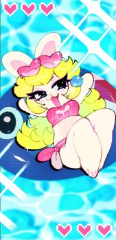 1girl animal_ears blonde_hair blue_eyes crown earrings furry furry_female heart highres holding jaltoid jewelry long_hair mario_(series) mario_+_rabbids_kingdom_battle nintendo phone rabbid rabbid_peach rabbit_ears raving_rabbids smile sphere_earrings swim_ring teeth thighhighs water