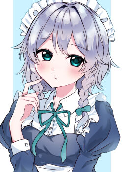 1girl apron aqua_bow aqua_eyes aqua_ribbon blue_background blue_dress blush border bow braid breasts buttons closed_mouth collared_dress commentary dress grey_hair hair_between_eyes hair_bow hand_up highres index_finger_raised izayoi_sakuya juliet_sleeves long_sleeves looking_at_viewer maid maid_headdress medium_breasts neck_ribbon outside_border puffy_long_sleeves puffy_sleeves raruse06 ribbon short_hair simple_background solo symbol-only_commentary touhou twin_braids upper_body waist_apron white_apron white_border