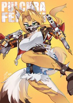 1girl absurdres animal_ear_fluff animal_ears black_jacket black_mask black_shoes blonde_hair blue_shorts body_fur breasts cat_ears cat_girl cat_tail character_name commentary commission cropped_jacket english_commentary fingerless_gloves gloves green_eyes gun highres holding holding_gun holding_weapon jacket large_breasts long_hair looking_at_viewer parted_bangs ponytail pulchra_fellini shirt shoes shorts solo tail toszuca weapon white_shirt yellow_background yellow_fur zenless_zone_zero