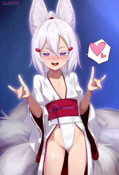 1girl absurdres animal_ears artist_name cameltoe chenki_(chenki) double_fox_shadow_puppet flat_chest fox_ears fox_girl fox_shadow_puppet fox_tail hair_between_eyes heart highres japanese_clothes kimono long_sleeves looking_at_viewer open_mouth phase_connect purple_eyes round_teeth signature smile solo speech_bubble spoken_heart tail teeth tenma_maemi thick_eyebrows thick_eyelashes upper_teeth_only virtual_youtuber white_hair white_kimono wide_sleeves