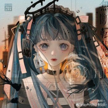 1girl bcy_username belt belt_buckle black_choker black_flower black_halo black_shirt blue_eyes blue_hair blue_sky blunt_bangs bow bubble buckle choker city collared_shirt commission cross earrings expressionless eyelashes eyeshadow fish flower flying_fish gradient_sky grey_sleeves hair_belt hair_bow hair_flower hair_ornament halo heart heart_in_eye jewelry light_blush lipstick long_hair long_sleeves maid_headdress makeup melting_halo orange_sky original outdoors pink_belt pink_eyeshadow red_lips ripples sailor_collar sample_watermark shirt sky solo squid straight-on straight_hair striped_clothes striped_shirt sunset symbol_in_eye thick_eyebrows third-party_source too_many_watermarks twintails two-tone_shirt upper_body very_long_hair watermark watermark_grid weibo_watermark white_sailor_collar white_shirt xiaochun_mingyi