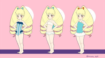 1girl artist_name bad_id bad_pixiv_id bikini blonde_hair blush bow drill_hair hair_bow hands_on_own_hips long_hair luna_platz_(mega_man) mega_man_(series) mega_man_star_force_(series) midriff miyata_(lhr) one-piece_swimsuit pink_background simple_background smile striped_clothes striped_one-piece_swimsuit swimsuit twin_drills very_long_hair white_bikini