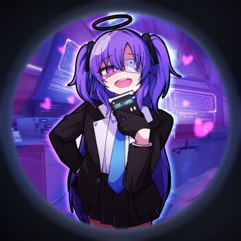 1girl black_halo black_jacket black_skirt blue_archive blue_necktie blush calculator collared_shirt commentary_request computer equation eyepatch hair_ornament halo heart heart-shaped_pupils highres holding_calculator jacket long_hair manli mechanical_halo medical_eyepatch monitor necktie open_mouth pov_peephole purple_eyes purple_hair shirt skirt solo symbol-shaped_pupils teeth triangle_hair_ornament two-sided_fabric two-sided_jacket two_side_up upper_teeth_only very_long_hair white_shirt yandere yuuka_(blue_archive)