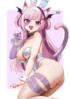 1girl @_@ animal_ears artist_logo ass bandaid bandaid_hair_ornament bandaid_on_cheek bandaid_on_face bare_arms bare_legs black_choker black_nails blunt_bangs border breasts cat_ears cat_girl cat_tail choker cleavage clenched_hand commission fake_animal_ears fang feet_out_of_frame hair_ornament hair_wings hand_up happy heterochromia highres holographic_clothing indie_virtual_youtuber kneeling leg_ribbon leotard light_blush logo long_hair looking_at_viewer medium_breasts nail_polish open_mouth outside_border paw_pose pawshies_(vtuber) pink_eyes pink_hair purple_background purple_eyes purple_hair purple_ribbon regiana_(jubi) ribbon second-party_source smile solo spiked_choker spikes star_(symbol) star_in_eye stitched_arm stitched_face stitches strapless strapless_leotard symbol_in_eye tail thigh_ribbon thighs turning_around two_side_up very_long_hair white_border white_leotard white_wrist_cuffs wrist_cuffs x_hair_ornament