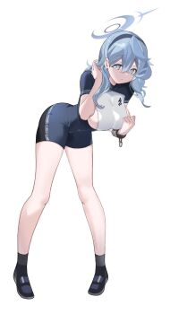 1girl ako_(blue_archive) bike_jersey blue_archive blue_eyes blue_hair breasts broken_handcuffs cosplay cran_berrie cycling_uniform hairband halo hand_in_own_hair large_breasts leaning_forward long_hair long_legs shiroko_(blue_archive) shiroko_(cycling)_(blue_archive) shiroko_(cycling)_(blue_archive)_(cosplay) shoes sideless_shirt solo standing tight_clothes unitard white_background