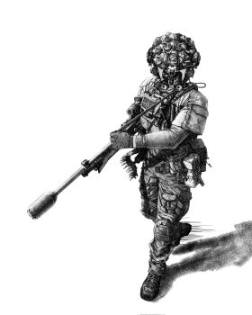 Rule 34 | 1boy, ammunition belt, ammunition pouch, belt, boots, bulletproof vest, darius billie (moonkez), gloves, greyscale, gun, helmet, highres, knee pads, machine gun, military uniform, monochrome, night vision device, open belt, original, pouch, realistic, scope, shadow, simple background, suppressor, weapon