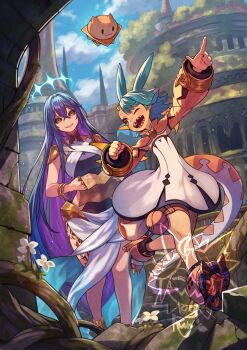 2girls anklet aqua_hair artist_logo black_sclera blue_hair blue_halo bracelet breasts burger colored_inner_hair colored_sclera commission dragon_girl dragon_tail eyebrows_hidden_by_hair flat_chest floating food full_body hair_between_eyes hair_ears halo highres holding holding_paper jewelry large_breasts logo long_hair looking_at_another looking_back mascot multicolored_hair multiple_girls one_eye_closed open_mouth orange_eyes original paper pointing pointing_forward pouch purple_hair ring ruins rumie sharp_teeth short_hair smile tail teeth thigh_pouch tiona very_long_hair walking yellow_eyes zoe_wade