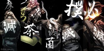 1girl 5boys animal animal_on_shoulder battle belt black_background black_hair black_pants black_skirt blue_hair braid braided_twintails brown_hair clothes_writing demon_slayer_uniform facing_away fighting_stance fire flaming_sword flaming_weapon from_behind gradient_hair green_hair green_thighhighs hat highres holding holding_sword holding_weapon iguro_obanai jacket japanese_clothes jumping kamado_tanjirou kanroji_mitsuri katana kibutsuji_muzan kimetsu_no_yaiba light_particles lineup long_hair long_sleeves looking_back mau_sakura mohawk motion_blur multicolored_hair multiple_boys pants pink_hair pleated_skirt print_jacket profile red_eyes red_hair shinazugawa_genya short_hair skirt smoke snake sword thighhighs tokitou_muichirou twitter_username two-tone_hair weapon white_belt white_hat white_snake zettai_ryouiki