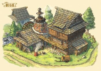architecture barrel bellows brown_background cabin cobblestone donkey fence highres house isometric no_humans original outdoors pine_tree poppo_sutchy scenery smoke translation_request tree water_wheel wheelbarrow
