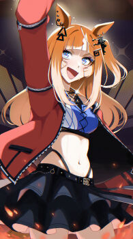 Rule 34 | 1girl, absurdres, animal ears, black skirt, blue eyes, blue sports bra, blush, breasts, brown hair, commentary request, espoir city (red devil gear) (umamusume), espoir city (umamusume), fang, fire, gold buckle, hair ornament, highres, hitempo, horse ears, horse girl, horse tail, jacket, long hair, looking at viewer, medium breasts, midriff, multicolored hair, navel, open mouth, orange hair, panty straps, red jacket, skin fang, skirt, smile, solo, sports bra, sweat, tail, umamusume