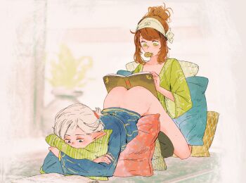 2girls alt_text asimov_(spindle_(aidenr0)) ass bandana blue_shirt book bottomless commentary cookie crossed_arms eating elf english_commentary food food_in_mouth green_eyes grey_hair hair_bun highres hugging_object indoors long_sleeves looking_at_object multiple_girls object_on_ass open_book orange_hair original ottilie_(spindle_(aidenr0)) pillow pointy_ears reading shirt single_hair_bun sitting spindle_(aidenr0) top-down_bottom-up white_bandana yuri