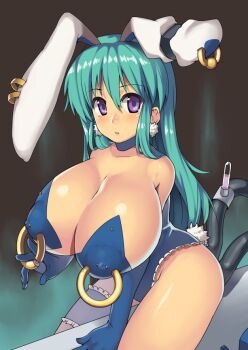 1girl anal animal_ears areola_piercing bad_id bad_pixiv_id bare_legs breasts choker earrings elbow_gloves fake_animal_ears female_focus frilled_thigh_strap frills gloves green_hair hikaru_(parodius) huge_breasts jewelry long_hair machine nagase_haruhito nipple_piercing nipple_rings nipples parodius pasties piercing piercing_through_clothes playboy_bunny purple_eyes rabbit_ears rabbit_tail solo star_(symbol) star_pasties tail thigh_strap topless_female