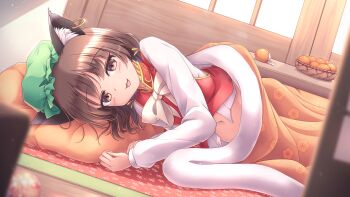 1girl :3 animal_ear_piercing animal_ears bow bowtie cat_ears chen collared_shirt commentary_request earrings food fruit green_hat hat highres hoop_earrings jewelry kotatsu long_sleeves looking_at_viewer lying lzh mandarin_orange midriff_peek mob_cap on_side open_mouth paid_reward_available psd_available red_vest shirt single_earring smile solo table touhou under_kotatsu under_table vest white_bow white_bowtie