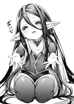 1girl absurdly_long_hair female_focus granblue_fantasy greyscale harvin kneeling long_hair looking_at_viewer midget monochrome mushi024 open_mouth outstretched_arms pointy_ears rei_(granblue_fantasy) sidelocks solo thighhighs unusually_open_eyes very_long_hair