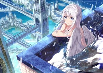 1girl angel_wings architecture bathing blush braid bridge building commentary_request completely_nude crossed_arms dome falling_feathers fantasy feathers fingernails from_behind gothic_architecture grey_eyes grey_hair grey_wings hair_between_eyes half_up_braid highres hominotsu long_bangs long_hair looking_at_viewer looking_back nude onsen original partially_submerged raised_inner_eyebrows scenery solo tower turning_head very_long_hair water wings