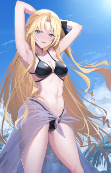 1girl absurdres arms_behind_head arms_up azur_lane bikini black_bikini blonde_hair blue_eyes blue_sky breasts cleavage commentary_request commission cowboy_shot day hair_ribbon highres long_hair looking_at_viewer medium_breasts navel official_alternate_costume outdoors palm_tree parted_lips pixiv_commission ribbon sarong see-through_clothes see-through_sarong shougun_(chuckni1) sky smile solo swimsuit tree vanguard_(azur_lane) very_long_hair