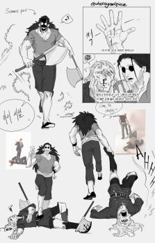 2boys aged_down armlet axe battle_axe beard black_hair black_shorts blood blood_on_face blood_on_hands bloody_weapon boots capri_pants defeat dragging english_text facial_hair gloves grabbing_another&#039;s_face grey_shirt grin head_grab highres holding holding_weapon injury jewelry knee_boots korean_text long_hair lying male_focus military_uniform monochrome multiple_boys muscular muscular_male musical_note one_piece open_mouth pants photo_inset reference_inset scared scopper_gaban screaming shepherd_sommers shirt short_sleeves shorts smile speech_bubble spoken_musical_note stepped_on sunglasses thorns translation_request twitter_username v weapon whatagreatpiece white_gloves white_hair