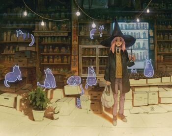 1girl bag black_eyes black_hat black_jacket blazer box bubble_tea cable_knit cardboard_box cat cup disposable_cup drinking_straw erlenmeyer_flask flask ghost hat holding holding_bag holding_cup jacket jar lapels looking_at_viewer necktie open_clothes open_jacket original pants pink_hair plant plastic_bag potion potted_plant purple_pants shadow shelf shoes shop simz skull solo standing string_of_light_bulbs sweater vending_machine wing_collar witch witch_hat