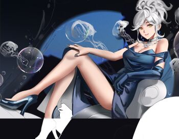 1girl absurdres bare_shoulders blue_background blue_dress blue_gloves blue_shoes breasts bubble cleavage closed_mouth dress elbow_gloves eternity_(reverse:1999) from_side full_body gloves hand_on_own_knee high_heels highres jellyfish jewelry knees_up large_breasts looking_at_viewer medium_hair necklace notgustiarp ponytail reverse:1999 shadow shoes single_glove sitting sleeveless sleeveless_dress smile solo spotlight white_hair yellow_eyes