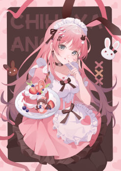 1girl :q absurdres animal_ears apron bang_dream! black_choker black_pantyhose black_ribbon blueberry breasts cake chihaya_anon chinese_commentary choker collarbone commentary_request dress earrings english_text finger_to_mouth food frilled_apron frilled_dress frills fruit grey_eyes hair_ornament heart heart_earrings highres holding jewelry long_hair looking_at_viewer maid maid_apron maid_headdress multicolored_hair nagasaki_soyo pantyhose pink_dress pink_hair puffy_short_sleeves puffy_sleeves rabbit rabbit_ears ribbon short_sleeves solo strawberry strawberry_cake strawberry_slice tongue tongue_out very_long_hair white_apron yinranluo