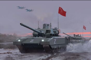 aircraft airplane cannon caterpillar_tracks fighter_jet flag flag_on_vehicle hammer_and_sickle highres military military_vehicle motor_vehicle mud no_humans original red_flag russia russian_commentary russo-ukrainian_war smoke smoke_grenade_launcher soviet_flag su-27 t-14_armata t-90 tank translation_request turret vehicle_focus yukikaze_supersylph z_(russian_symbol)