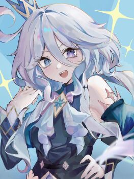 1girl :d bare_shoulders blue_eyes brooch cerydra_(honkai:_star_rail) cerydra_(honkai:_star_rail)_(cosplay) commentary_request cosplay cowlick crown detached_sleeves furina_(genshin_impact) genshin_impact grey_hair haru_1un highres honkai:_star_rail honkai_(series) jewelry long_hair long_sleeves looking_at_viewer mihoyo mini_crown open_mouth sleeveless smile solo upper_body