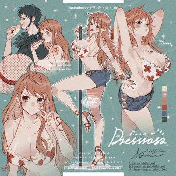 1boy 1girl 2025 armpits arms_behind_head arms_up ass bangle bare_legs bare_shoulders bikini bikini_top_only black_hair blue_shorts blush bracelet breasts butt_crack cleavage clima-tact closed_mouth coat collarbone commentary dated denim denim_shorts earrings eating floral_print floral_print_bikini food frilled_bikini frills from_side full_body fur-trimmed_coat fur_trim halterneck hand_on_own_cheek hand_on_own_face hand_tattoo hands_in_own_hair hat high_heel_sandals holding holding_food jewelry large_breasts leg_up legs log_pose long_hair multiple_views nami_(one_piece) nami_(one_piece)_(dressrosa) navel necklace notice_lines official_alternate_costume one_piece open_mouth orange_eyes orange_hair parted_lips pearl_earrings pole_dancing print_bikini profile sandals short_hair short_shorts shorts shoulder_tattoo sparkle standing standing_on_one_leg stomach straw_hat swimsuit tank_top tattoo thighs tongue tongue_out trafalgar_law twitter_username upper_body wavy_hair white_bikini white_tank_top yum_xoxo_yum