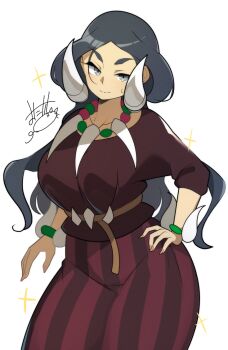 1girl bracelet breasts brown_shirt closed_mouth cowboy_shot drasna_(pokemon) earrings female_focus fingernails grey_eyes grey_hair hand_on_own_hip horns jewelry light_smile long_fingernails long_hair looking_at_viewer matching_hair/eyes mature_female mituyota_76 necklace nintendo pokemon pokemon_sv shirt simple_background skirt solo sparkle standing striped_clothes striped_skirt tooth_earrings tooth_necklace very_long_hair white_background