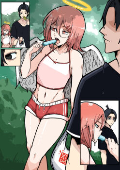 2boys angel angel_devil_(chainsaw_man) bare_arms bare_shoulders black_hair black_shirt chainsaw_man day flat_chest food halo hayakawa_aki highres male_focus mark_gavatino midriff multiple_boys outdoors popsicle red_eyes red_hair red_shorts sexually_suggestive shirt short_shorts shorts tagme tank_top trap walking wings yaoi