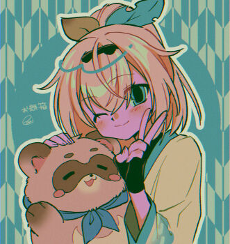 1girl black_gloves blonde_hair blue_eyes copyright_name fingerless_gloves gloves highres hololive kazama_iroha kazama_iroha_(1st_costume) long_sleeves looking_at_viewer menma_(enaic31) one_eye_closed outline pokobee ponytail short_hair short_ponytail solo translation_request upper_body v virtual_youtuber white_outline