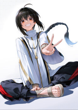 1other ahoge baggy_pants black_hair black_pants blush braid braided_ponytail brown_eyes fate/samurai_remnant fate_(series) grin highres jewelry long_hair long_sleeves looking_at_viewer mugetsu2501 necklace pants sandals shirt sidelocks sitting smile solo v white_shirt wide_sleeves yamato_takeru_(fate)