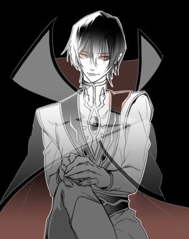 1boy black_background black_hair cape closed_mouth code_geass commentary_request crossed_legs gloves hair_between_eyes hands_on_own_knee jacket jewelry lelouch_vi_britannia long_sleeves looking_at_viewer male_focus monochrome own_hands_together pants pointy_ears red_eyes see-through_cape shirt simple_background sitting smile solo spot_color two-sided_cape two-sided_fabric ykmr_(haga)