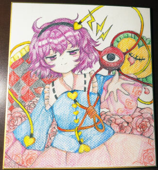 Rule 34 | 1girl, ahoge, black hairband, blue shirt, blush, buttons, closed mouth, collar, commentary request, couch, double-parted bangs, dutch angle, frilled collar, frills, hair between eyes, hairband, half-closed eyes, heart, heart-shaped pillow, heart button, komeiji satori, lightning bolt symbol, long sleeves, mensoreimuremu, offering hand, pillow, pink skirt, pink trim, purple eyes, purple hair, shikishi, shirt, short hair, simpelplant, sitting, skirt, smile, solo, split mouth, third eye, touhou, upper body, white background, white collar, wide sleeves