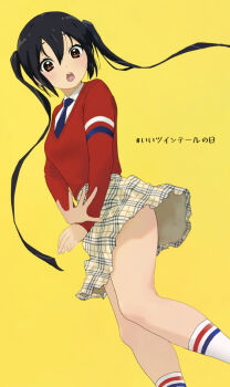 1girl :o black_hair brown_eyes brown_skirt dutch_angle k-on! kneehighs long_hair long_sleeves miniskirt nakano_azusa open_mouth plaid_clothes plaid_skirt red_sweater simple_background skirt socks solo standing sweater teeth tongue tono51044448 translation_request twintails upper_teeth_only white_socks yellow_background