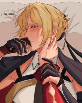 Rule 34 | 2girls, astra yao, blonde hair, blush, chest harness, closed mouth, coat, coat on shoulders, commentary, covering own mouth, elbow gloves, english commentary, english text, evelyn chevalier, gloves, half-closed eyes, half gloves, hand on another's neck, harness, head on pillow, highres, holding another's arm, long ribbon, looking at viewer, lying, multiple girls, necktie, on back, pillow, pov, pov hands, purple eyes, red sleeves, ring hair ornament, shirt, single elbow glove, single half glove, sols4rts, speech bubble, upper body, white shirt, yellow necktie, yuri, zenless zone zero