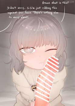 1futa 1girl bar_censor book censored cheek_poking emily_(resident_evil) english_text eyes_visible_through_hair frown futa_with_female futanari grace_ashcroft grey_eyes grey_hair holding holding_book inseki large_penis light_blush loli looking_at_viewer medium_hair mother_and_child mother_and_daughter one_eye_closed oscarlllll parent_and_child penis penis_on_face poking pov pov_crotch resident_evil resident_evil_requiem signature veins veiny_penis