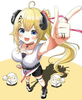 1girl absurdres ahoge animal_ears belt black_belt black_shorts blonde_hair blue_eyes blush breasts hair_ornament hair_ribbon hairpin highres hololive horns inokeiwd jewelry large_breasts long_hair looking_at_viewer official_alternate_costume official_alternate_hairstyle open_mouth ponytail purple_eyes red_ribbon ribbon ring sheep_ears sheep_girl sheep_horns shirt shoes shorts smile solo teeth thigh_strap tsunomaki_watame tsunomaki_watame_(amazing_swing) upper_teeth_only very_long_hair virtual_youtuber watamate white_shirt white_shoes x_hair_ornament