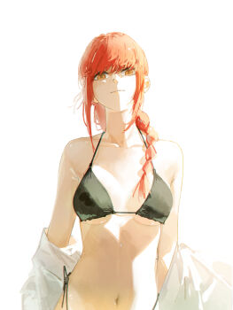 1girl absurdres armpit_crease bikini black_bikini braid braided_ponytail breasts chainsaw_man closed_mouth collarbone commentary dudrinm highres light_smile looking_at_viewer makima_(chainsaw_man) medium_breasts medium_hair navel red_hair shirt shirt_partially_removed side_ponytail sidelocks simple_background solo stomach string_bikini swimsuit upper_body white_background white_shirt yellow_eyes