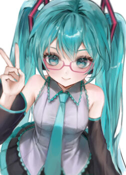 1girl aqua_eyes aqua_hair aqua_nails aqua_necktie bare_shoulders bespectacled black_skirt black_sleeves blush breasts closed_mouth collared_shirt commentary_request detached_sleeves dot_nose frilled_shirt frills from_above glasses grey_shirt hair_between_eyes hair_ornament hand_up hatsune_miku headphones long_hair long_sleeves looking_at_viewer medium_breasts n_kiring nail_polish necktie pink-framed_eyewear pleated_skirt shirt sidelocks simple_background skirt sleeveless sleeveless_shirt smile solo twintails untucked_shirt upper_body v very_long_hair vocaloid white_background wide_sleeves