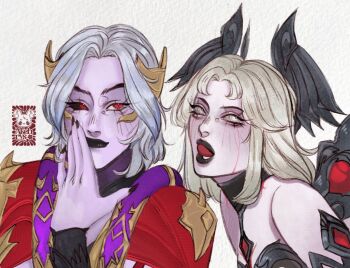 Rule 34 | black lips, blonde hair, commentary, english commentary, hand on own face, leaning forward, mercy (overwatch), moira (overwatch), official alternate costume, overwatch, red eyes, rolling eyes, tongue, traditional media, vampire, white eyes, white hair