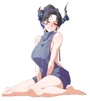 1girl alternate_hairstyle asymmetrical_horns black_hair blue_hair blush colored_inner_hair highres hololive hololive_english horns joeboto mole mole_under_eye multicolored_hair nerissa_ravencroft purple_eyes slit_pupils smile uneven_horns virgin_killer_sweater white_background