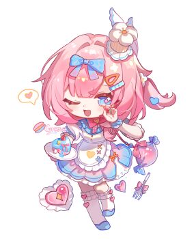 1girl ;o absurdres alternate_costume apron blue_eyes cake chef_hat chinese_commentary commentary_request cyrene_(aedes_elysiae)_(honkai:_star_rail) cyrene_(honkai:_star_rail) dress food fruit hat heart heiyi_mataozi highres holding holding_food holding_fruit holding_plate honkai:_star_rail honkai_(series) looking_at_viewer maid maid_apron multicolored_hair one_eye_closed pink_hair plate short_hair simple_background solo strawberry thighhighs two-tone_dress two-tone_hair white_background white_hair white_thighhighs