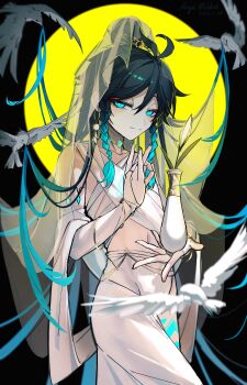 Rule 34 | 1boy, absurdres, alternate hairstyle, androgynous, aqua eyes, aqua hair, bird, black hair, braid, bridal gauntlets, buddhism, chest tattoo, dove, eyeshadow, genshin impact, glowing, glowing hair, glowing tattoo, gradient hair, guanyin, hair bun, highres, holding vase, karana mudra, leg tattoo, looking at viewer, magicrabbit49586, makeup, moon, mudra, multicolored hair, navel, red eyeshadow, short hair with long locks, single bare leg, solo, tattoo, twin braids, vase, veil, venti (archon) (genshin impact), venti (genshin impact)
