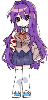 Rule 34 | 1girl, absurdres, black eyes, blazer, blue skirt, collared shirt, commentary, deformed, doki doki literature club, doki doki literature club school uniform, eye print, facing viewer, full body, grey jacket, hand up, highres, jacket, long hair, looking at viewer, neck ribbon, pink vest, purple hair, ribbon, school uniform, self-harm, shirt, skirt, solo, standing, thighhighs, ting mong, vest, white shirt, white thighhighs, wrist cutting, yuri (doki doki literature club), zettai ryouiki