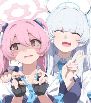 Rule 34 | 2girls, :d, ^ ^, absurdres, ahoge, bent v, black gloves, blue archive, blue bow, blue bowtie, blunt bangs, blush, bow, bowtie, closed eyes, commentary request, csham, double v, empty eyes, fingerless gloves, gloves, hair between eyes, hair ornament, halo, hand on another's shoulder, highres, jacket, jacket partially removed, koyuki (blue archive), looking to the side, multiple girls, noa (blue archive), open mouth, pink hair, pink halo, shaded face, shirt, smile, sweatdrop, teeth, twintails, upper body, upper teeth only, v, white hair, white halo, white jacket, white shirt