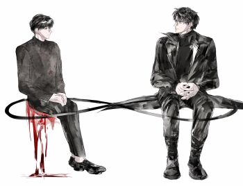 2boys 8d2suga9 black_coat black_eyes black_hair black_shirt bleeding blood blood_on_clothes boots coat crossed_legs full_body hands_on_lap highres infinity_symbol invisible_chair kim_dokja large_hands looking_at_another male_focus multiple_boys omniscient_reader&#039;s_viewpoint open_clothes open_coat popped_collar shirt short_hair sitting yoo_joonghyuk