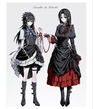 2girls bird_skull_ornament black_boots black_dress black_eyes black_gloves black_hair black_shorts boots border breasts character_name chest_strap cross cross_earrings cross_ornament dress earrings facial_mark frilled_sleeves frills full_body genderswap genderswap_(mtf) gloves goth_fashion grey_background hair_ornament hair_over_shoulder hair_ribbon high-low_dress highres holding holding_ribbon jewelry juliet_sleeves kryu0415 large_breasts long_dress long_hair long_sleeves low_ponytail multiple_girls naruto_(series) naruto_shippuuden ponytail puffy_sleeves red_eyes red_ribbon ribbon shirt shirt_under_dress shorts shorts_under_dress siblings sisters skull_hair_ornament small_breasts snake_hair_ornament spiked_hair thigh_strap uchiha_itachi uchiha_sasuke white_border white_shirt wrist_ribbon