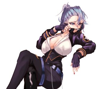 1girl adjusting_eyewear adjusting_glasses black_legwear blue_eyes blue_hair breasts crossed_legs female_focus gloves highres large_breasts last_origin long_sleeves looking_over_eyewear looking_over_glasses looking_to_the_side nail_polish shirt sitting sonia_of_devastation sunglasses svya0140 tagme tinted_eyewear white_background white_shirt