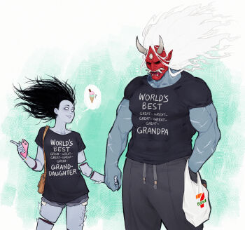 1boy 1girl 7-eleven bag bare_legs black_hair black_shirt cellphone colored_skin dead_by_daylight denim denim_shorts fangs floating_hair food ghost grandfather_and_granddaughter grey_skin handbag highres holding_hands horns ice_cream ice_cream_cone injury long_hair looking_at_another mask muscular muscular_male oni oni_horns oni_mask pants phone plastic_bag scar shards shirt short_sleeves shorts simple_background smile spirit standing sweatpants t-shirt the_oni_(dead_by_daylight) the_spirit the_spirit_(dead_by_daylight) theslowesthnery thighs white_eyes white_hair white_horns